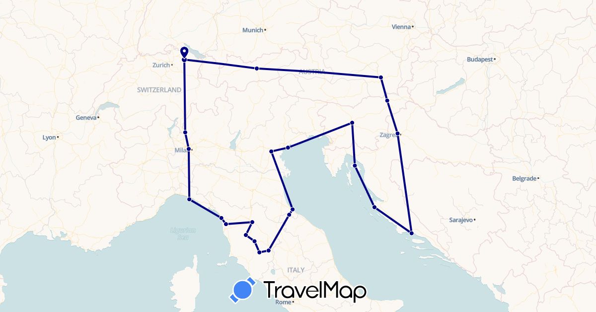 TravelMap itinerary: driving in Austria, Switzerland, Croatia, Italy, Slovenia, San Marino (Europe)